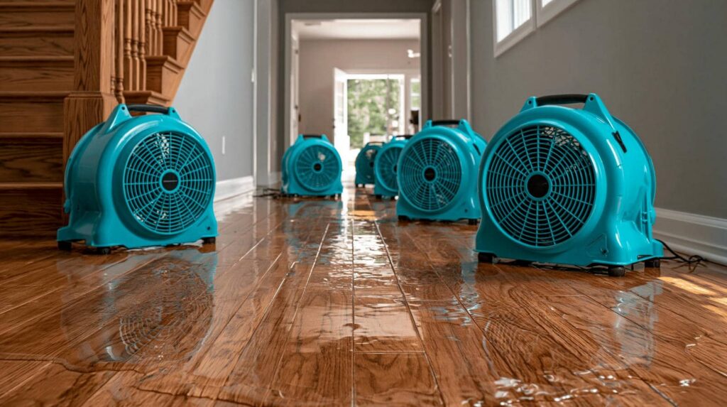 Multiple blue air movers drying a wet hardwood floor in a hallway.