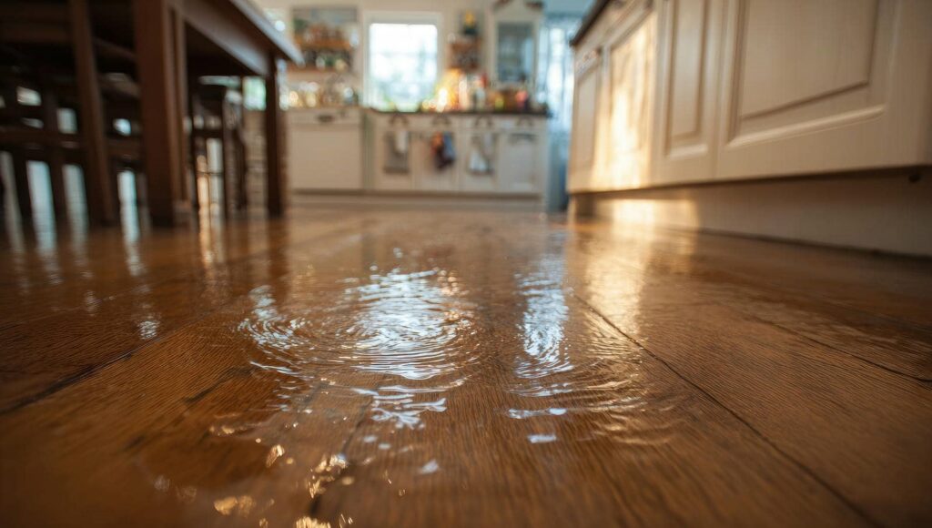 Water pooling and rippling on a wooden kitchen floor near cabinets and a dining table.