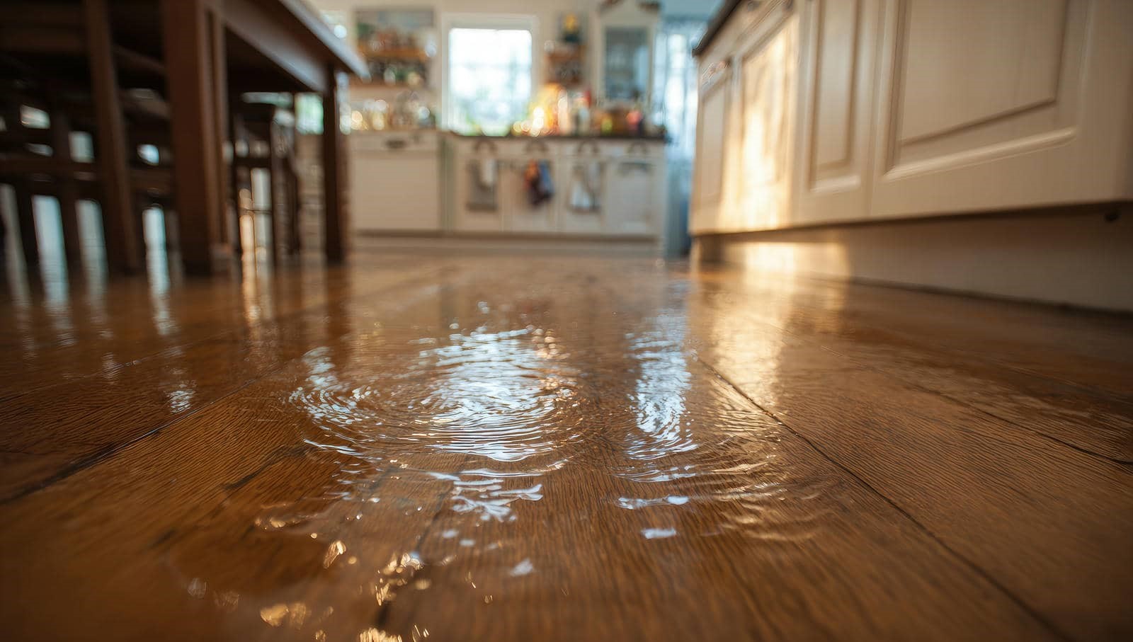 Water pooling and rippling on a wooden kitchen floor near cabinets and a dining table.