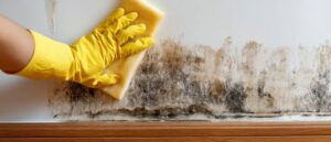 Hand in yellow glove cleaning black mold off a white wall near wooden baseboard.