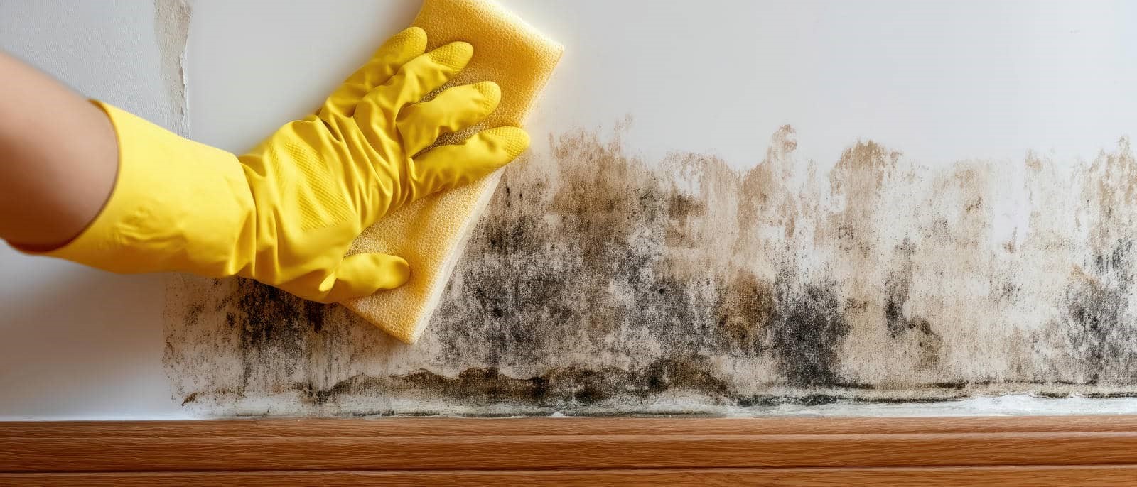 Hand in yellow glove cleaning black mold off a white wall near wooden baseboard.