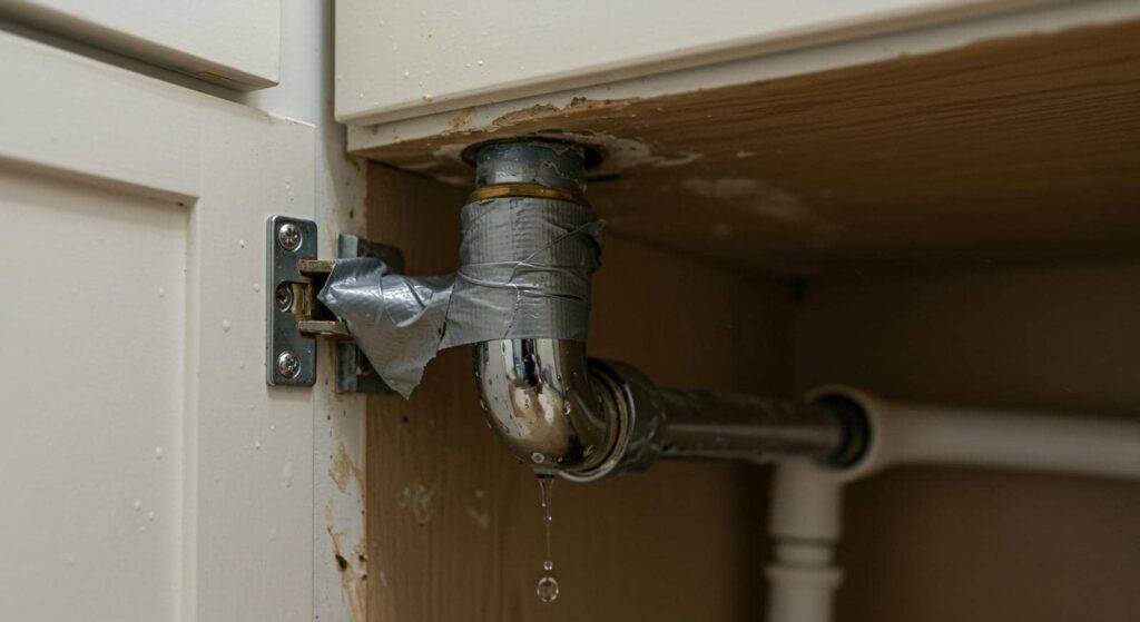 Leaking metal pipe under a sink with duct tape wrapped around it and water dripping.