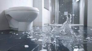 Flooded bathroom floor with water splashing near a closed toilet.