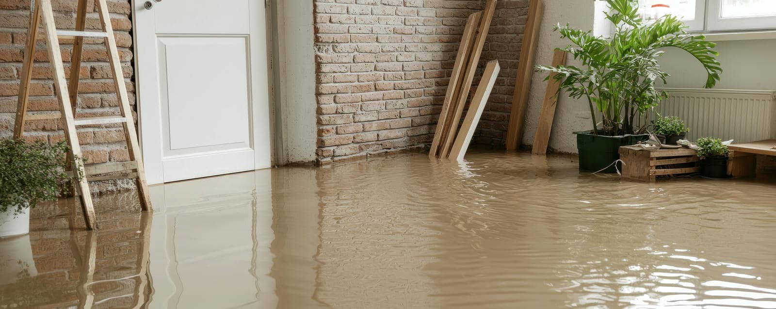 Indoor room flooded with muddy water, with plants and wooden boards partially submerged.