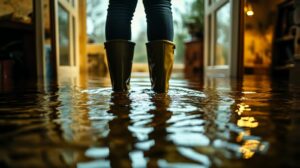 Person wearing boots standing in a flooded indoor space with water covering the floor.