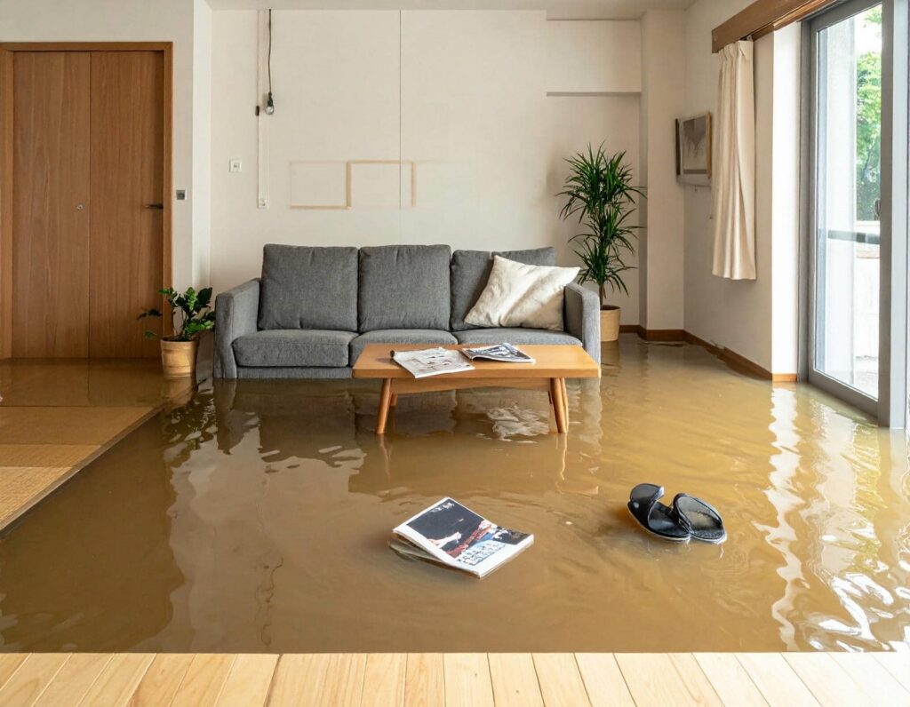 Living room flooded with water covering the floor, a gray sofa, coffee table, floating magazines, and sandals.