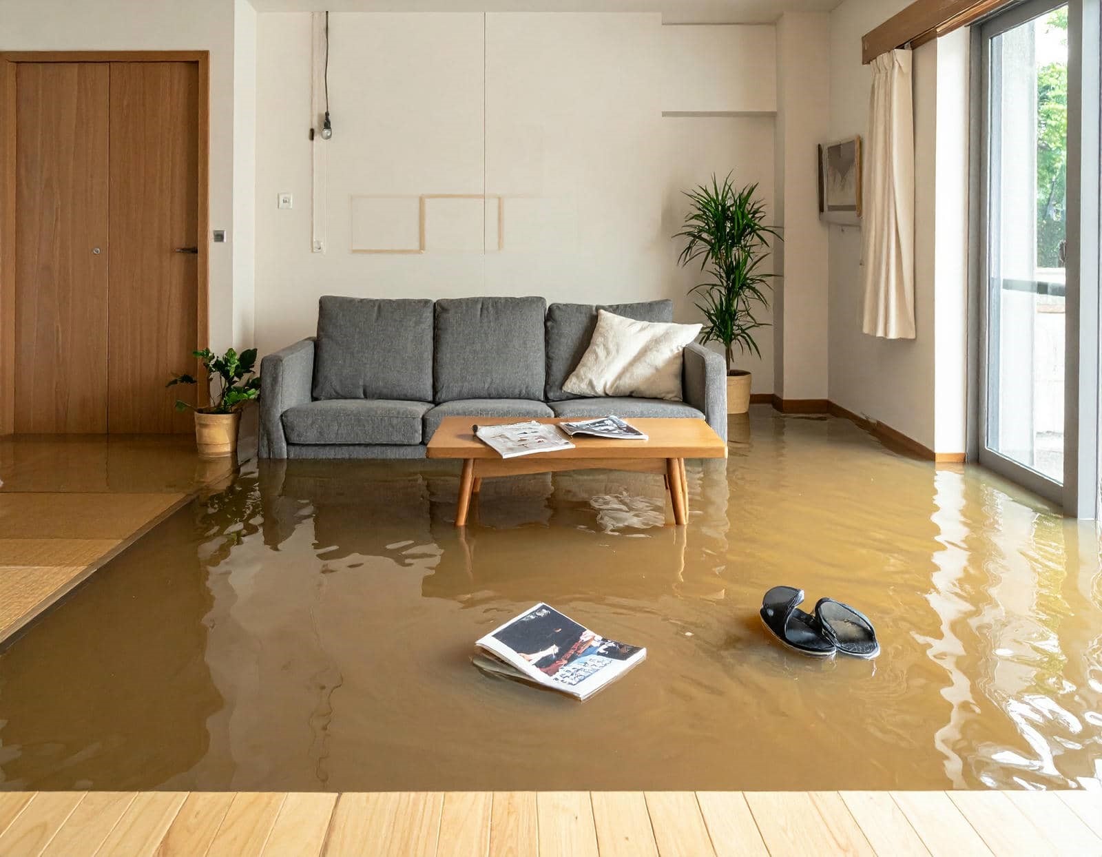 Living room flooded with water covering the floor, a gray sofa, coffee table, floating magazines, and sandals.