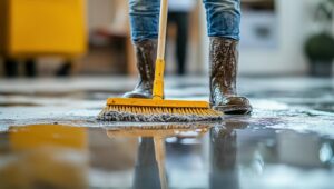Person wearing boots mopping a wet floor with a yellow broom.