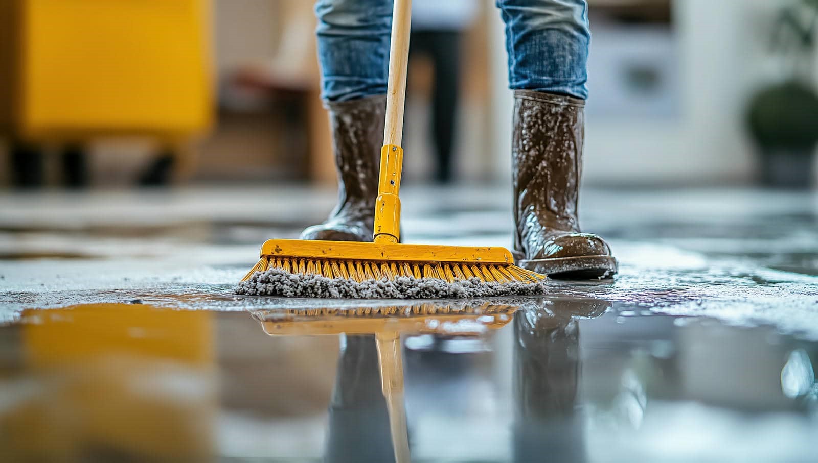Person wearing boots mopping a wet floor with a yellow broom.
