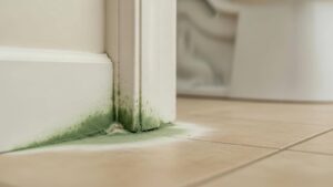 Green mold growing at the base of a white door frame on a tiled floor.