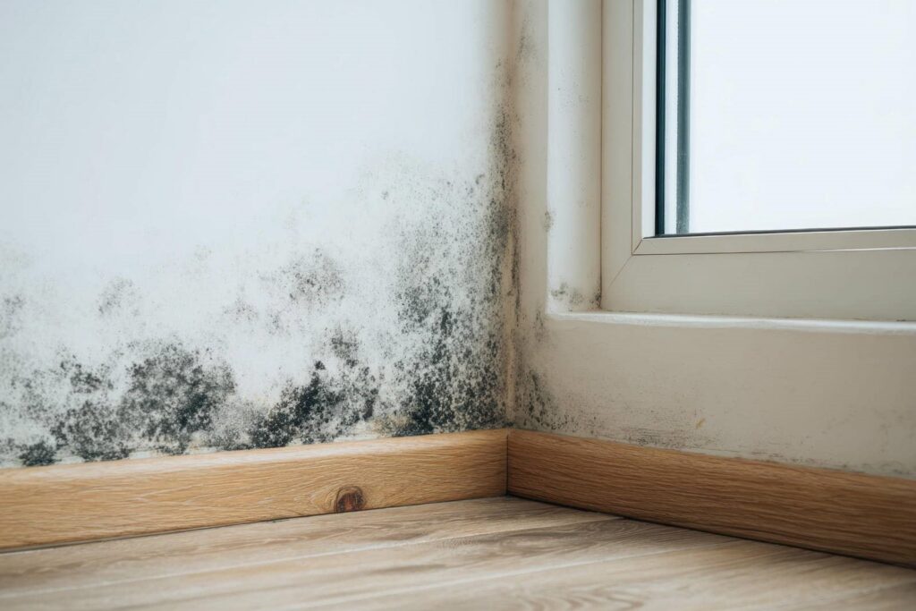 Black mold growing on a white wall corner near a window with wooden baseboards.