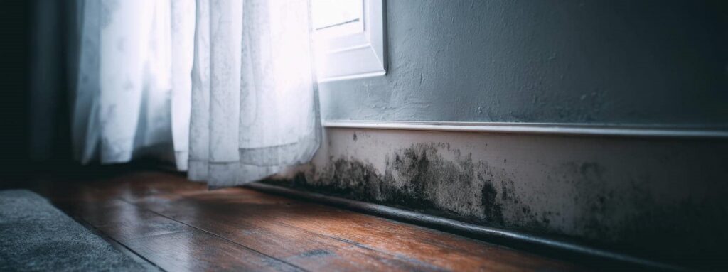 Mold growth along the baseboard of a wall near a window with sheer curtains.