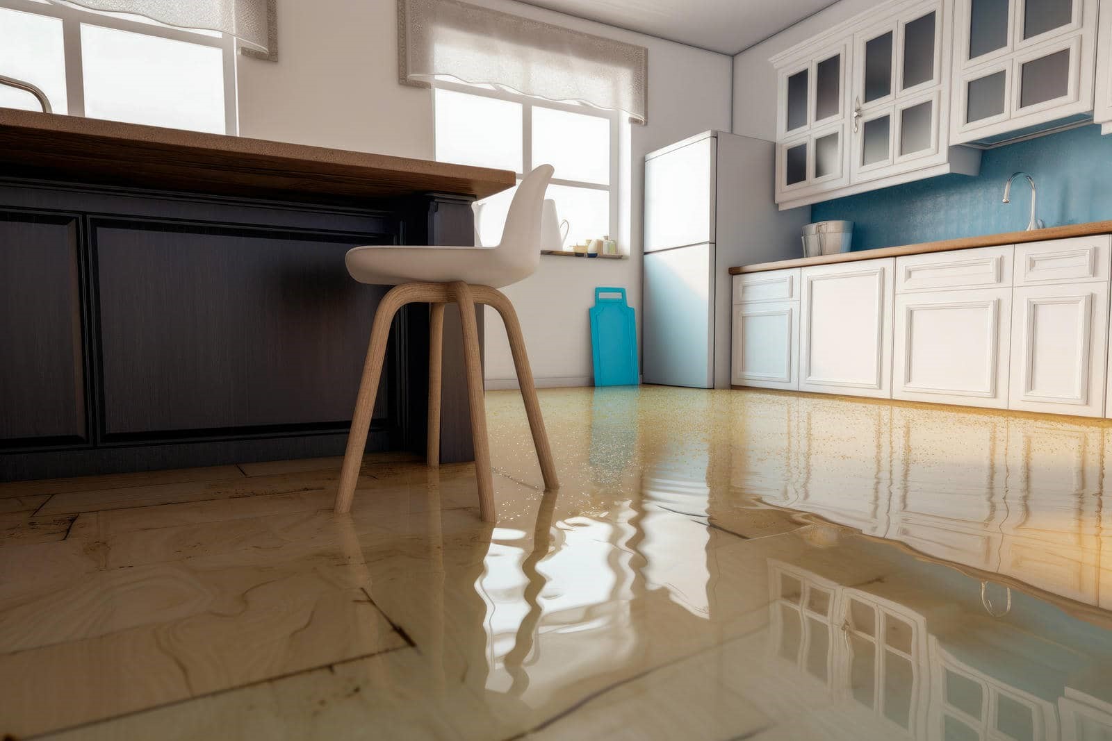 Water flooding the floor of a modern kitchen with white cabinets and a wooden chair.