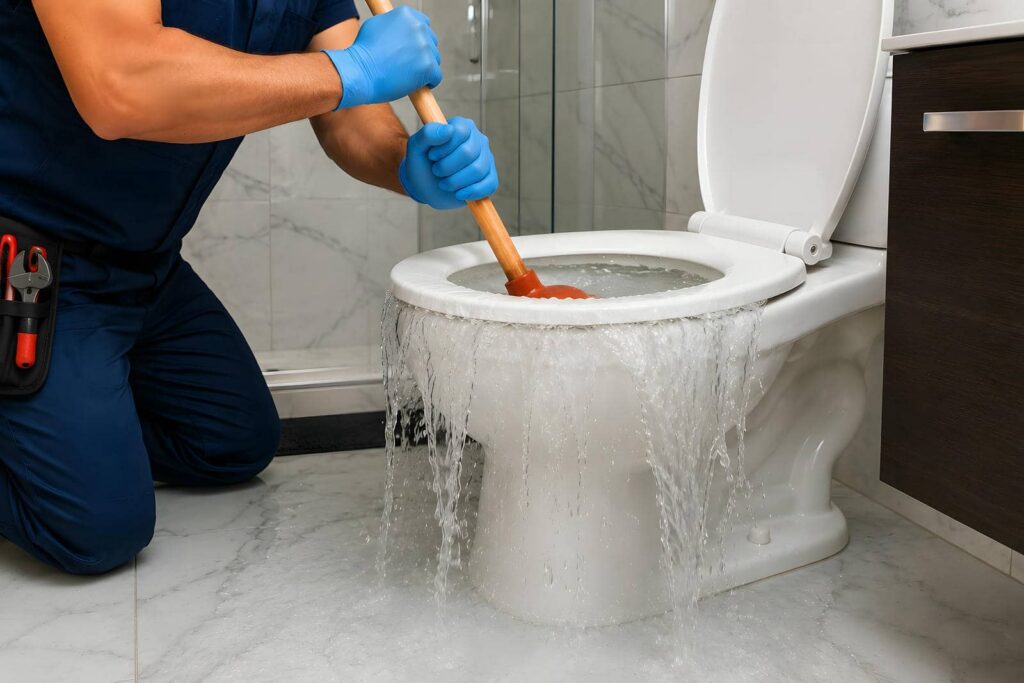Plumber using a plunger on an overflowing toilet with water spilling onto the floor.