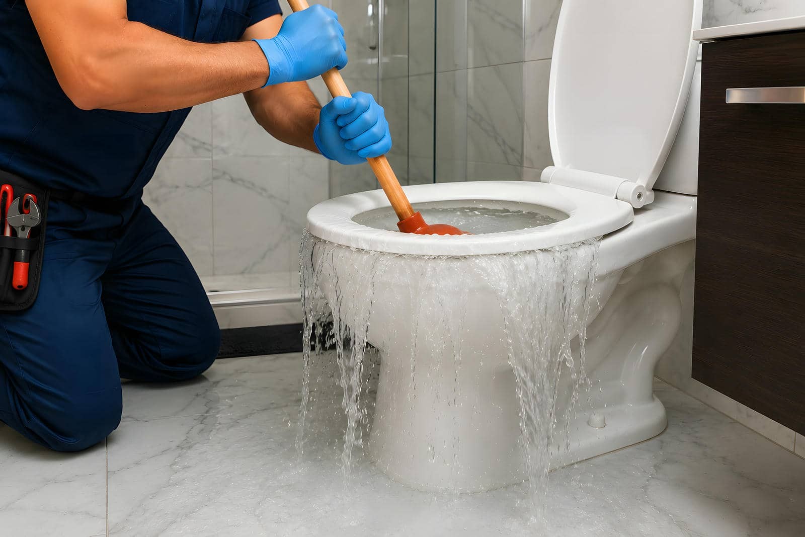 Plumber using a plunger on an overflowing toilet with water spilling onto the floor.