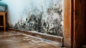 Black mold growing on a white wall near a wooden baseboard and door frame.