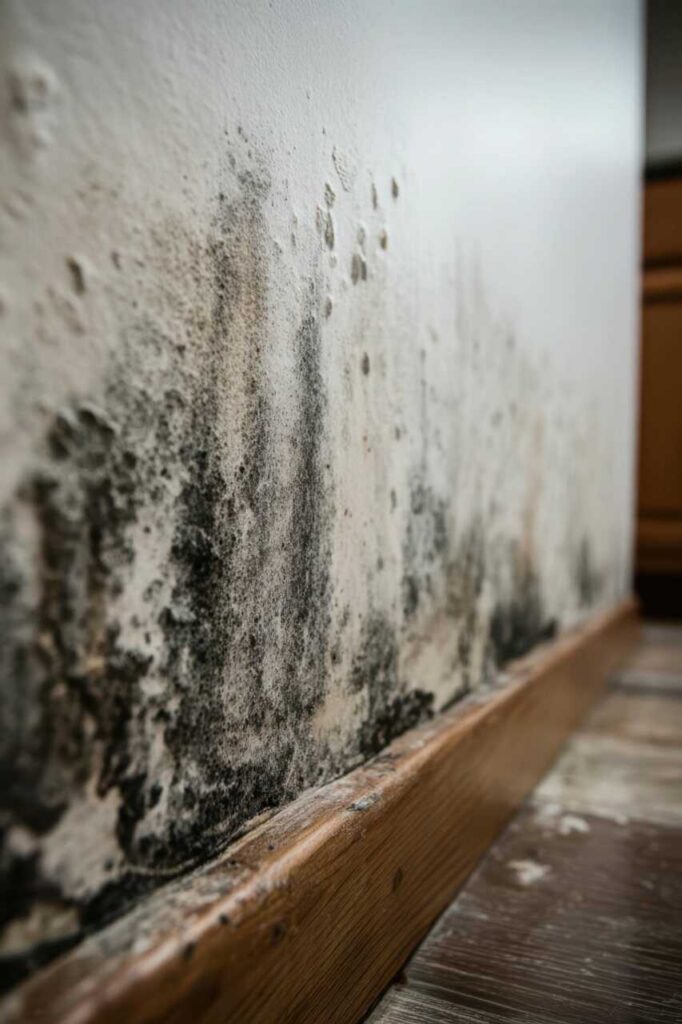 Black mold growing on a white wall above a wooden baseboard near the floor.