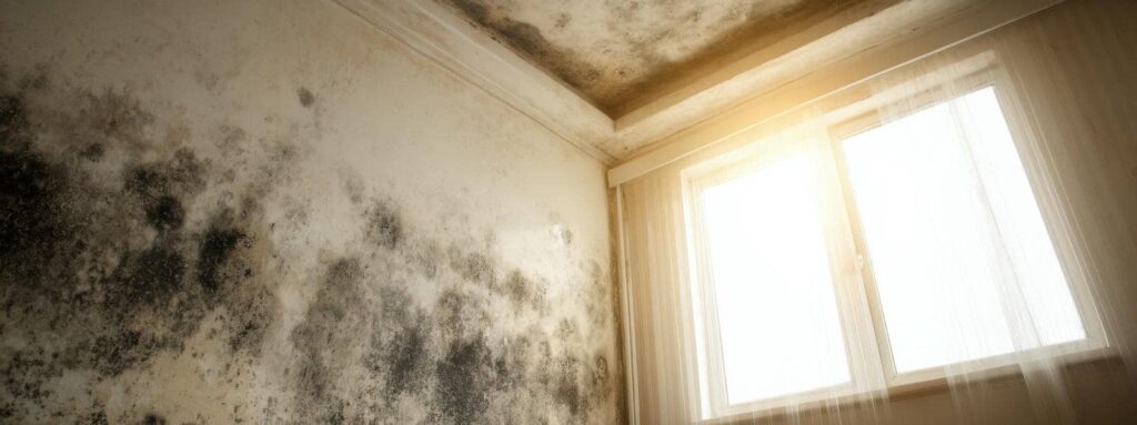 Wall and ceiling with extensive black mold near a window with sheer curtains and sunlight.