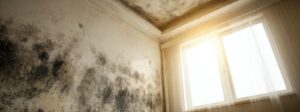 Wall and ceiling with extensive black mold near a window with sheer curtains and sunlight.