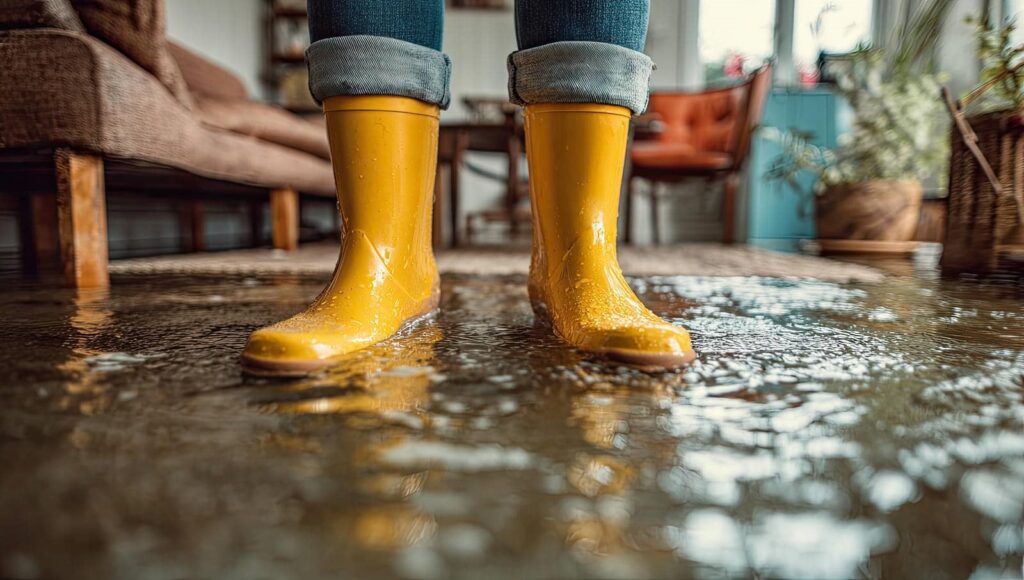 Person wearing yellow rain boots standing in a flooded room with water covering the floor.
