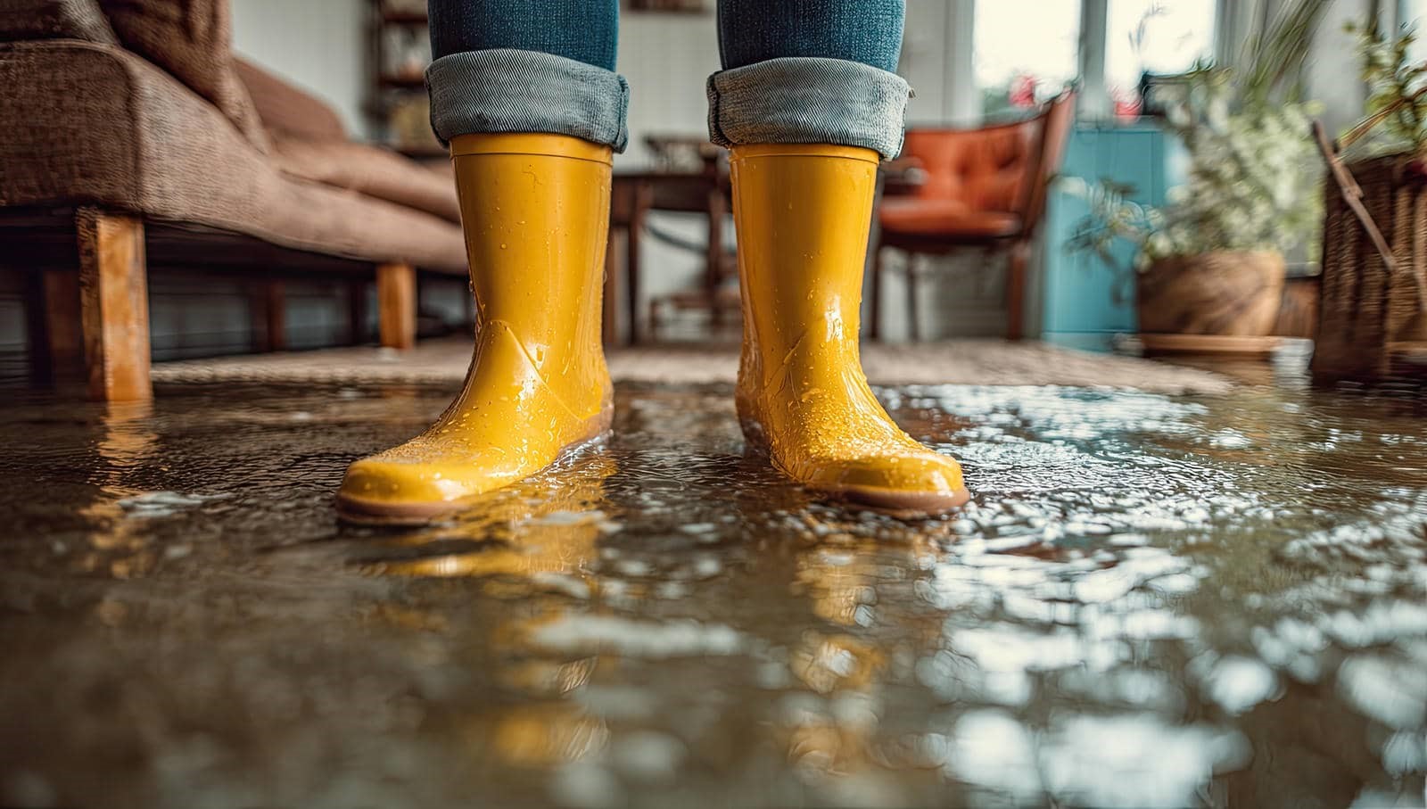 Person wearing yellow rain boots standing in a flooded room with water covering the floor.
