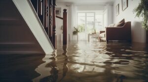 Living room flooded with water reaching the staircase and sofa legs.
