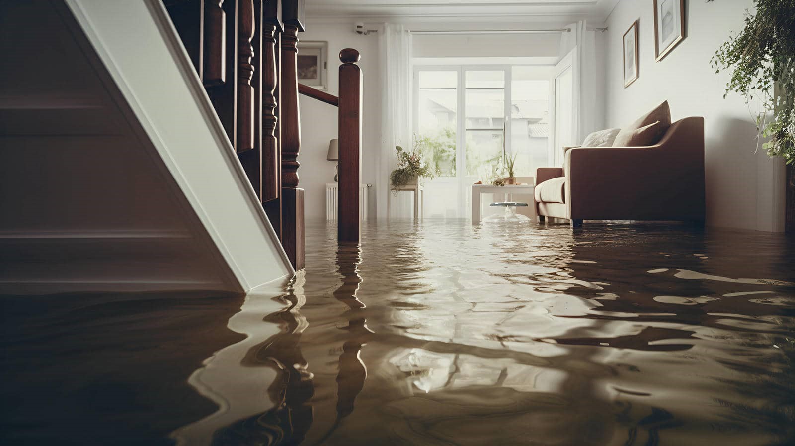 Living room flooded with water reaching the staircase and sofa legs.