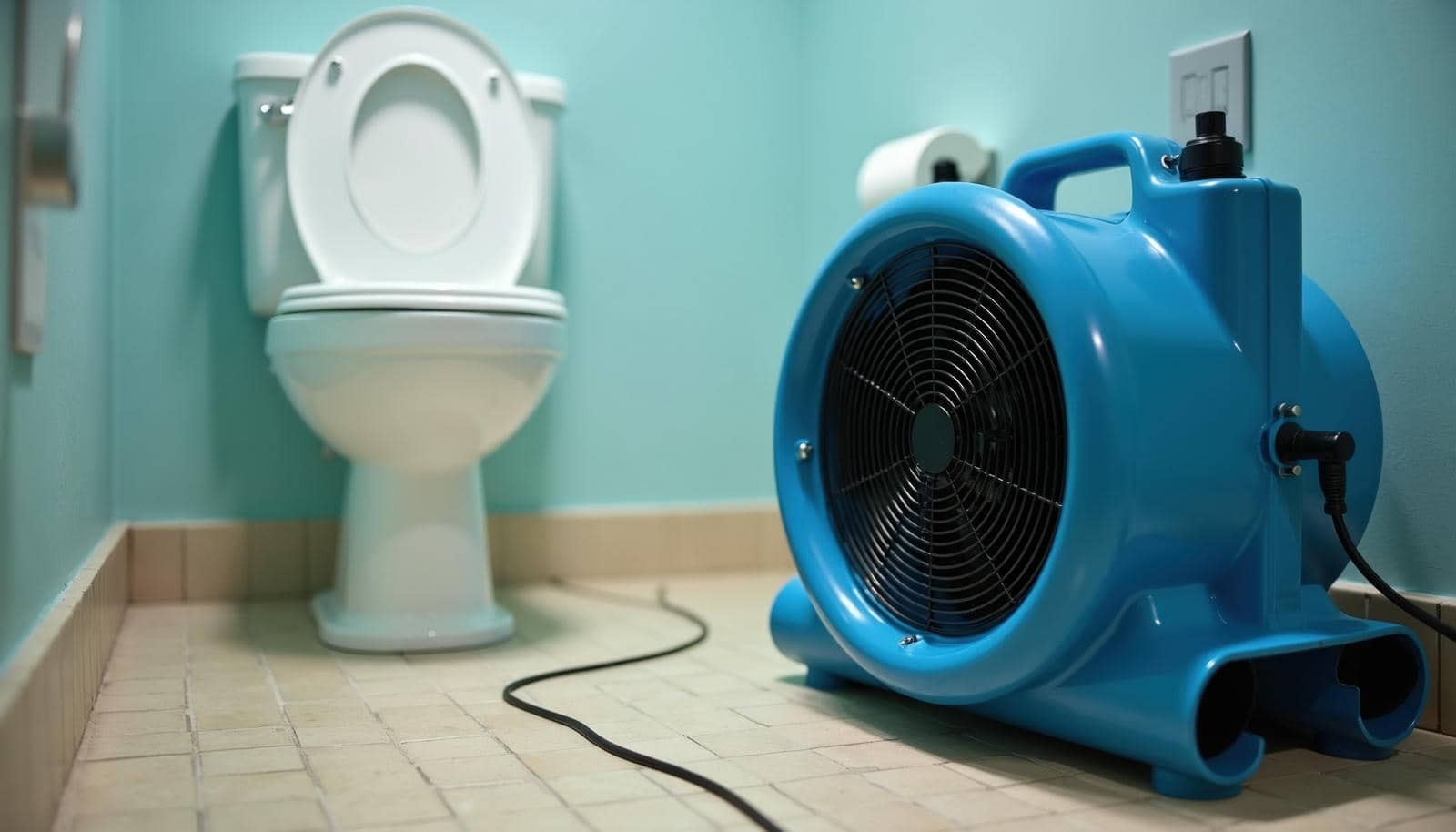 Blue air blower fan on bathroom floor near a white toilet with an open lid.