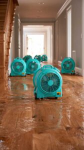 Multiple blue air blowers drying a wet wooden floor in a hallway.