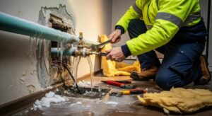 Plumber in a yellow jacket fixing a leaking frozen pipe with water dripping and ice on the floor.