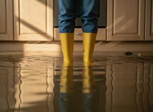 Person wearing yellow rain boots standing in a flooded kitchen with water covering the floor.
