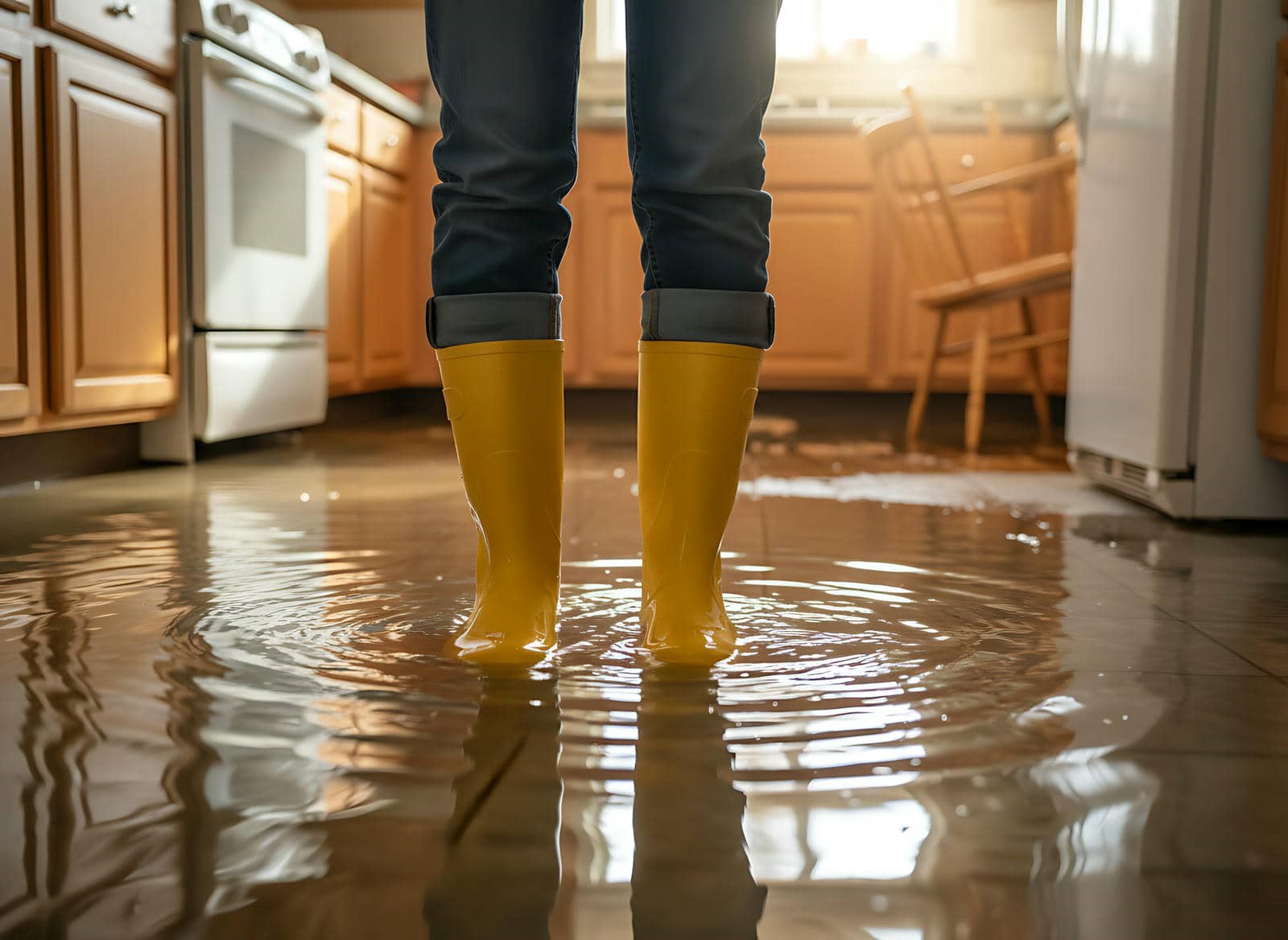 Person wearing yellow rain boots standing in a flooded kitchen with water covering the floor.
