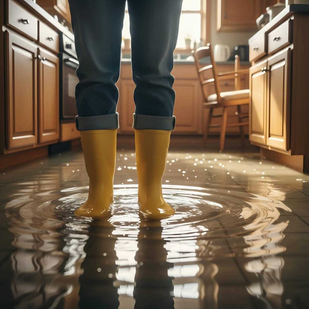 Person wearing yellow rain boots standing in a flooded kitchen with water rippling around their feet.