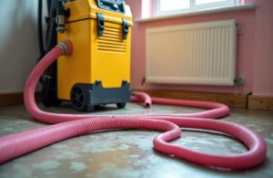 Yellow water damage restoration machine with pink hoses on a wet floor near a radiator.