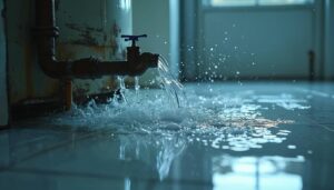 Water leaking and splashing from a rusty indoor pipe onto a tiled floor.