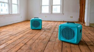 Two blue air movers on a wooden floor in an empty room with white walls and windows.