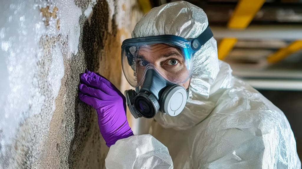 Person in protective suit and mask inspecting moldy wall with purple gloves.