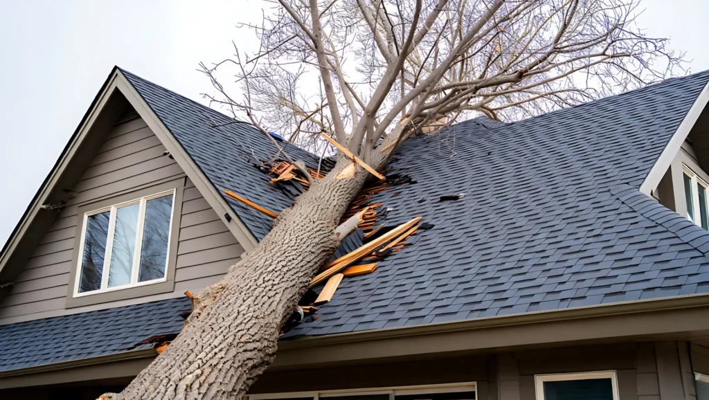 Large tree fallen through the roof of a house, causing significant damage to the shingles and structure.