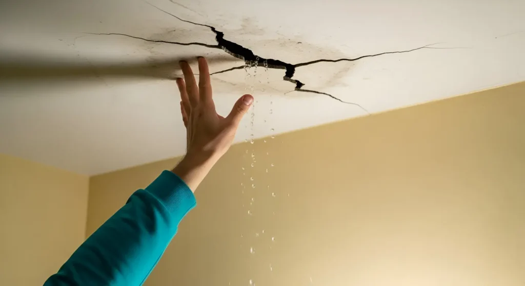 Hand reaching toward a cracked ceiling with water dripping through the cracks.