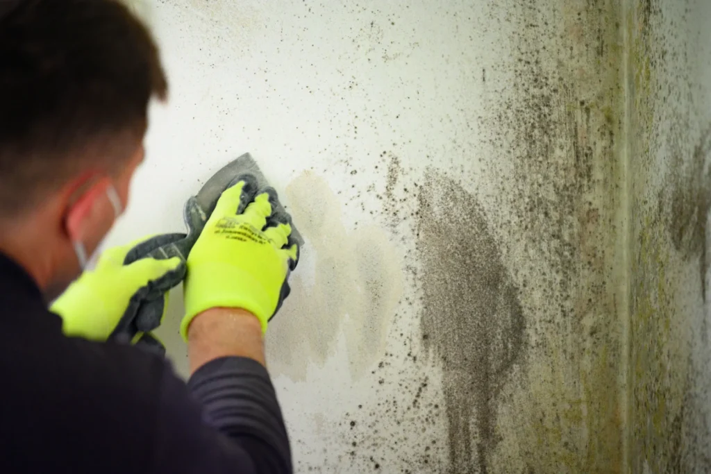 Person wearing yellow gloves scrubbing mold off a white wall.