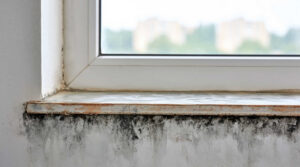 Mold and water damage below a window sill.