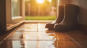 Wet rain boots on a tiled floor near an open door with sunlight streaming in.