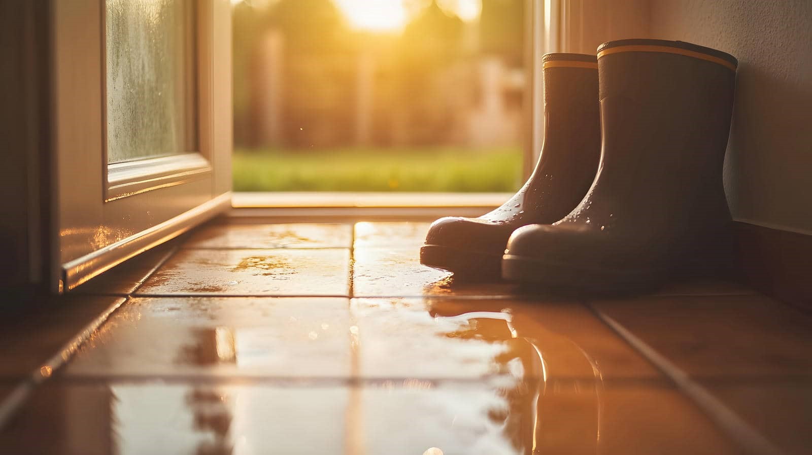 Wet rain boots on a tiled floor near an open door with sunlight streaming in.