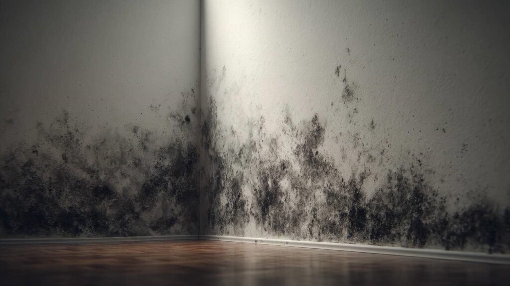 Black mold growing on the lower part of two white walls in a corner of a room with wooden flooring.