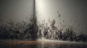 Black mold growing on the lower part of two white walls in a corner of a room with wooden flooring.