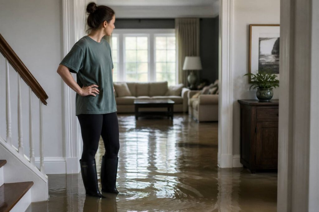 Woman standing in a flooded living room wearing rain boots.