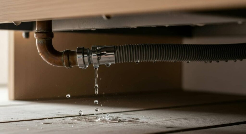 Water dripping from a leaking pipe under a sink onto the floor.