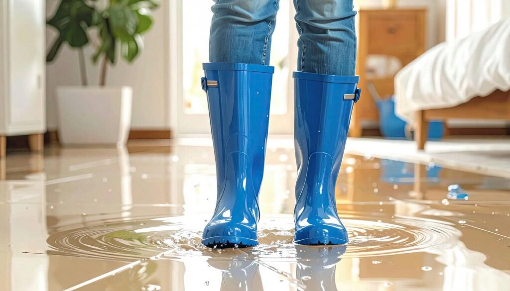 Person wearing blue rain boots standing in a flooded room with water on the floor.