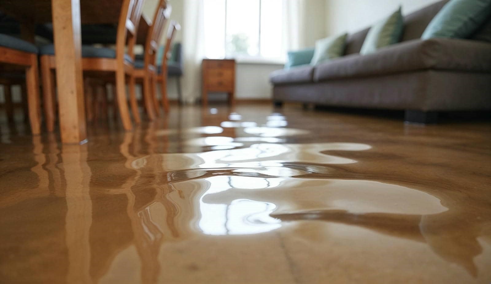 Water flooding a wooden floor in a living room with a sofa and dining chairs.