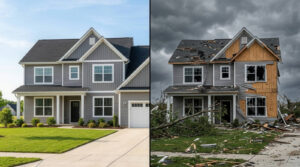 Split-screen house before and after storm damage.